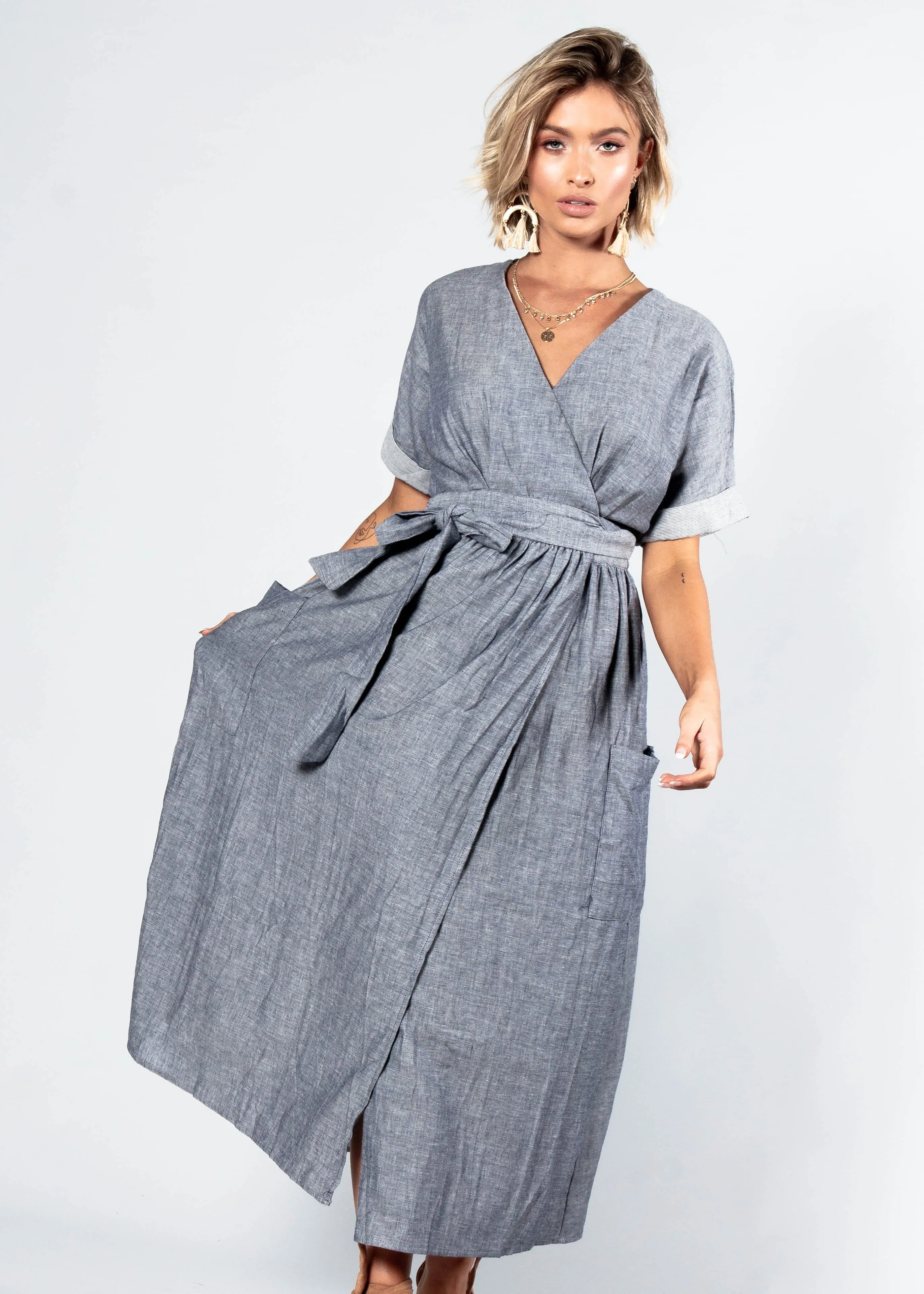 Ocean's End Chambray Wrap Midi Dress - Navy