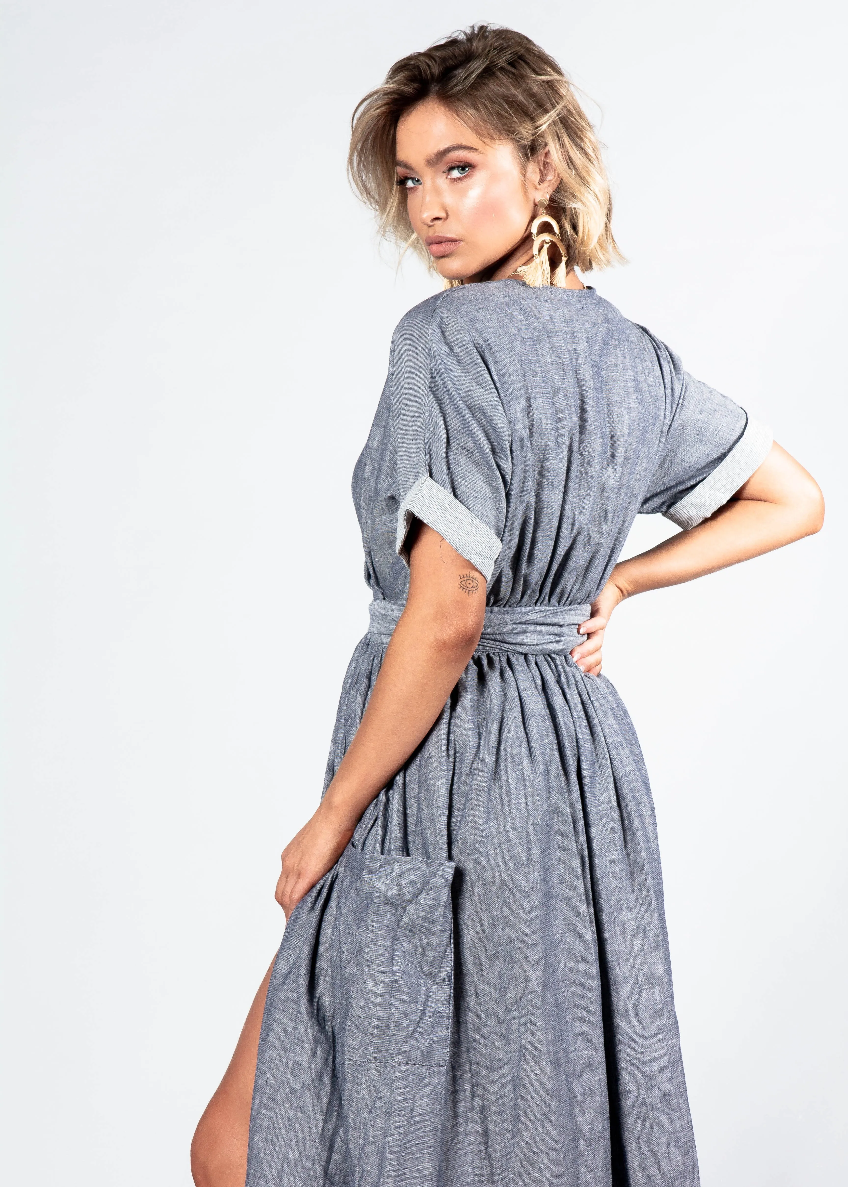 Ocean's End Chambray Wrap Midi Dress - Navy