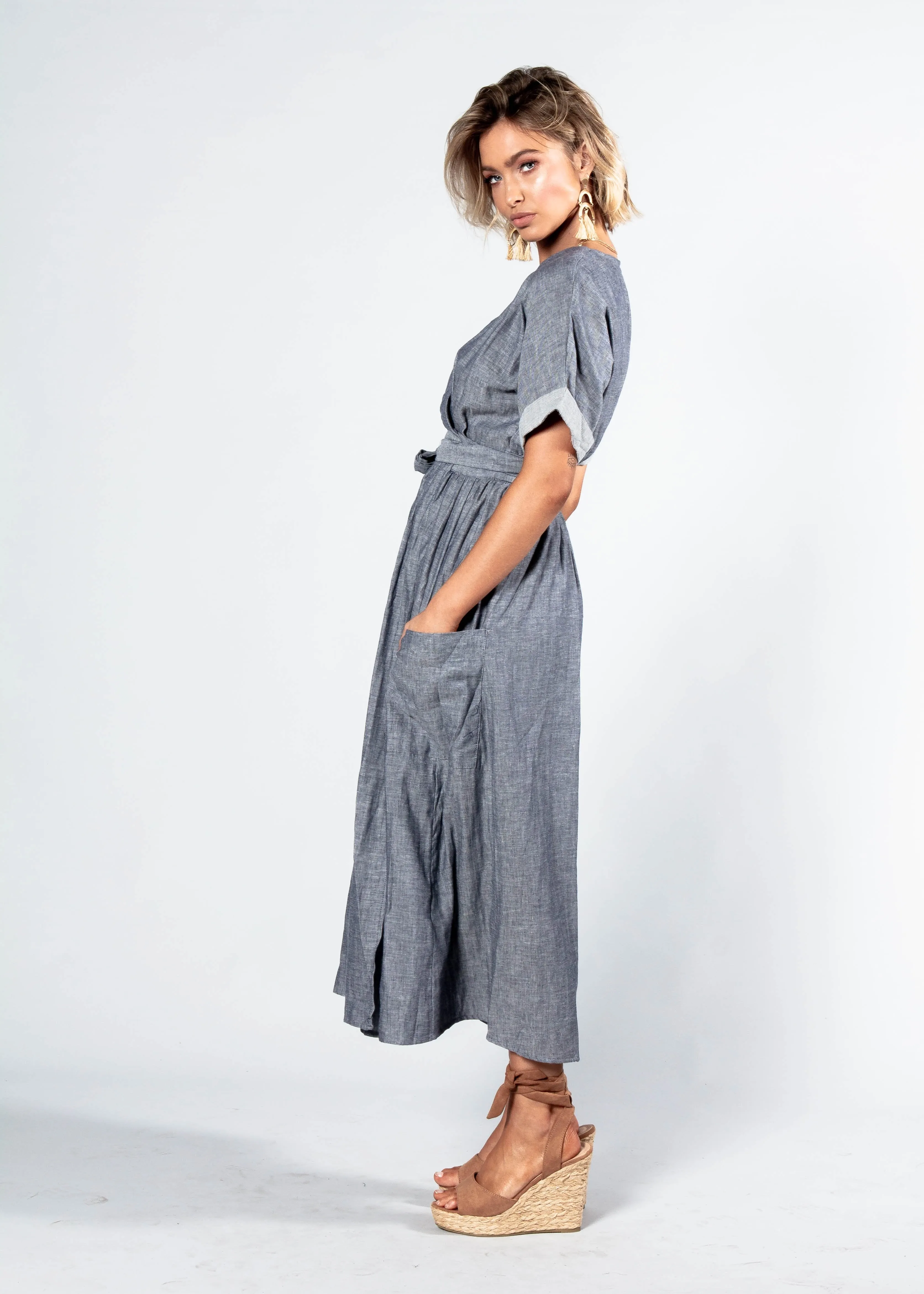 Ocean's End Chambray Wrap Midi Dress - Navy