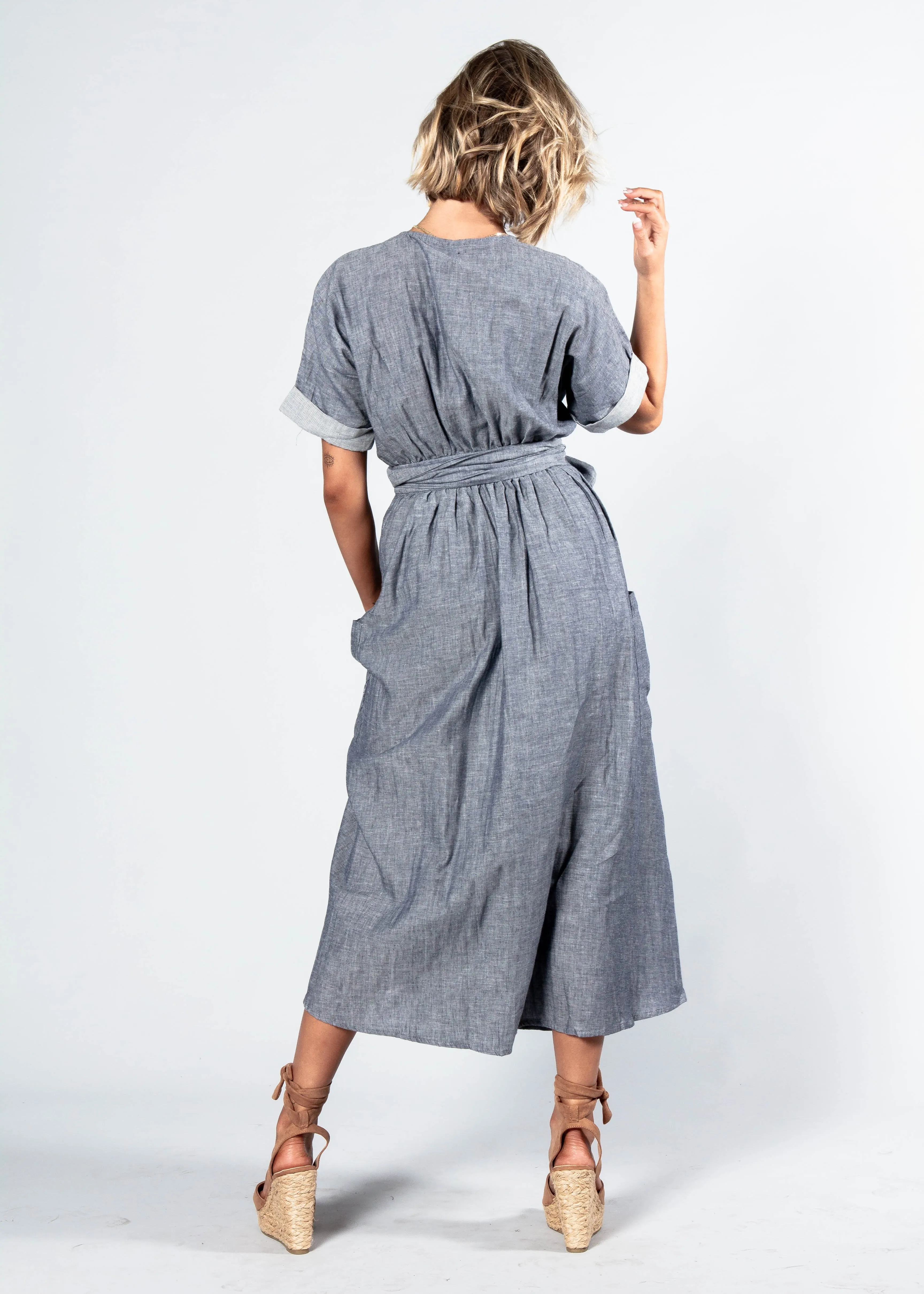 Ocean's End Chambray Wrap Midi Dress - Navy