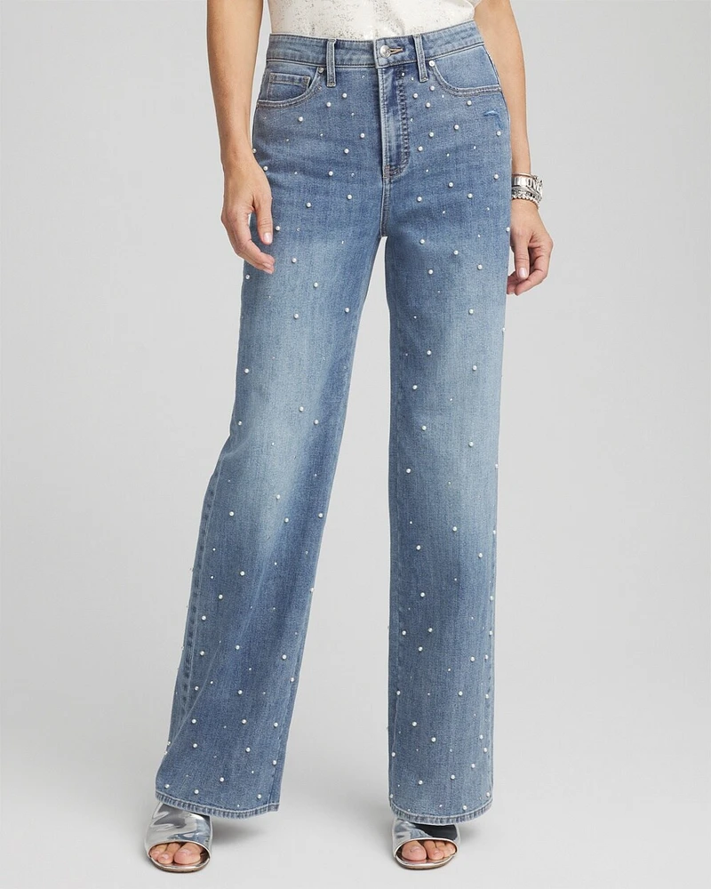 Pearl Embellished High Rise Wide Leg Jeans