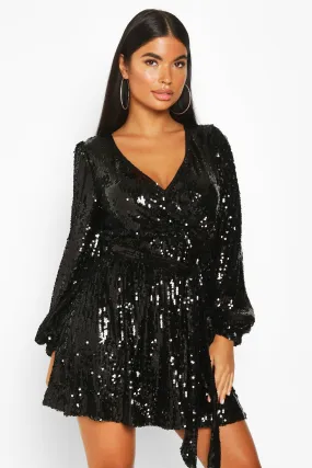 Petite Balloon Sleeve Wrap Sequin Mini Dress