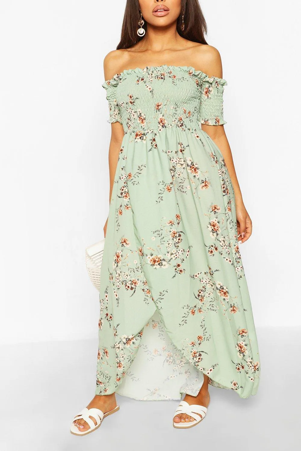 Petite Floral Shirred Wrap Front Maxi Dress