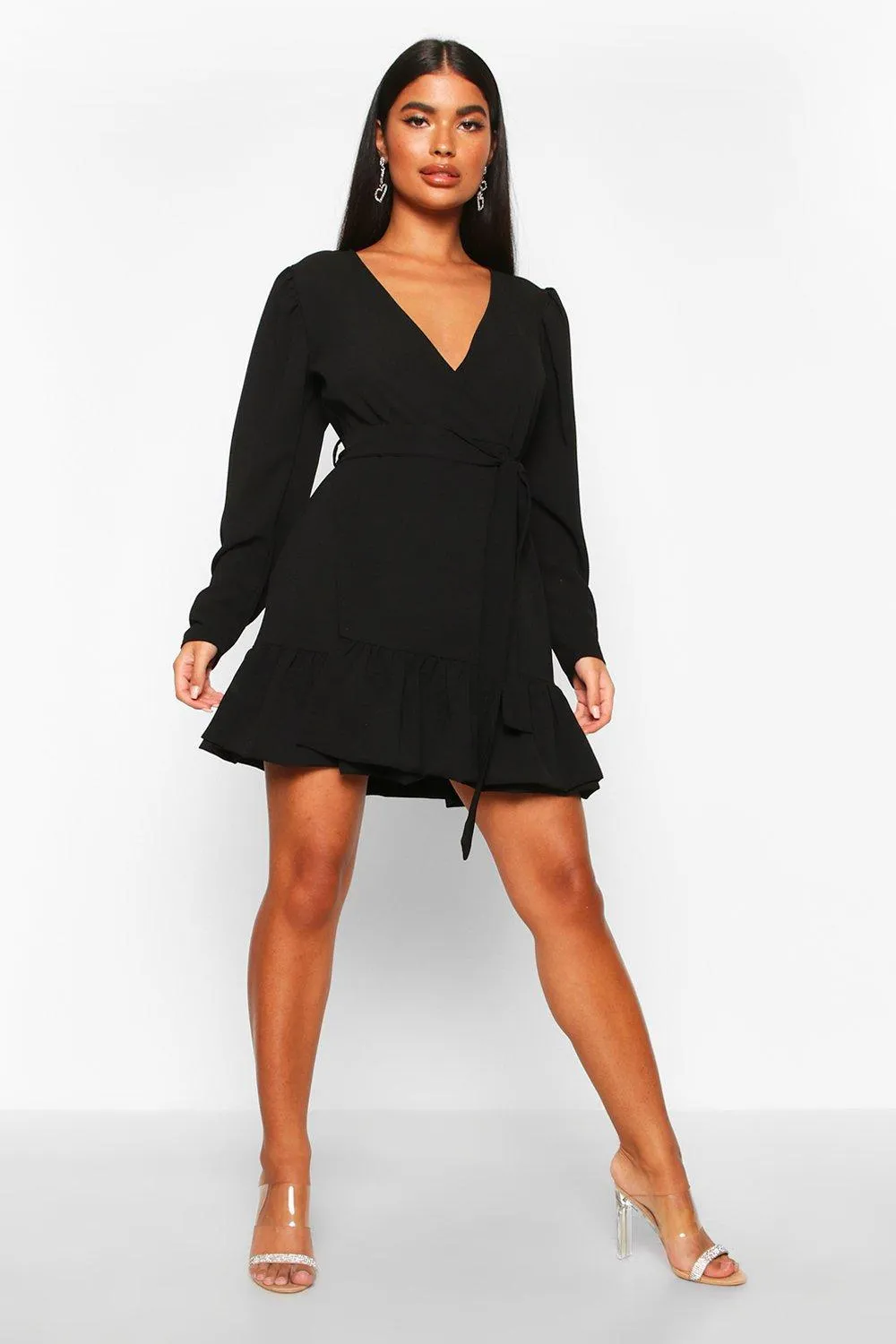 Petite Puff Sleeve Wrap Ruffle Dress