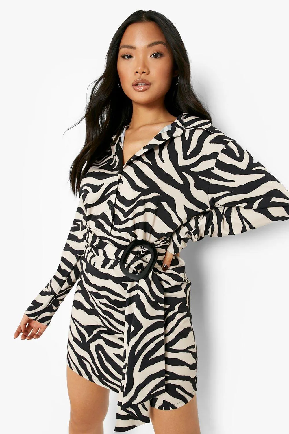 Petite Zebra Wrap Buckle Detail Shirt Dress