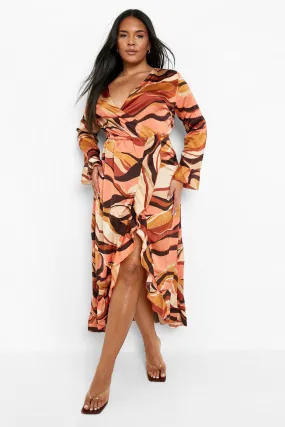 Plus 70'S Marble Satin Wrap Dress