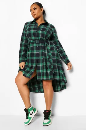 Plus Flannel Wrap Belted Shirt Dip Hem Midi Dress