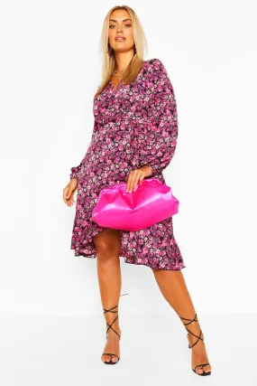 Plus Floral Crepe Ruffle Wrap Midi Skater Dress