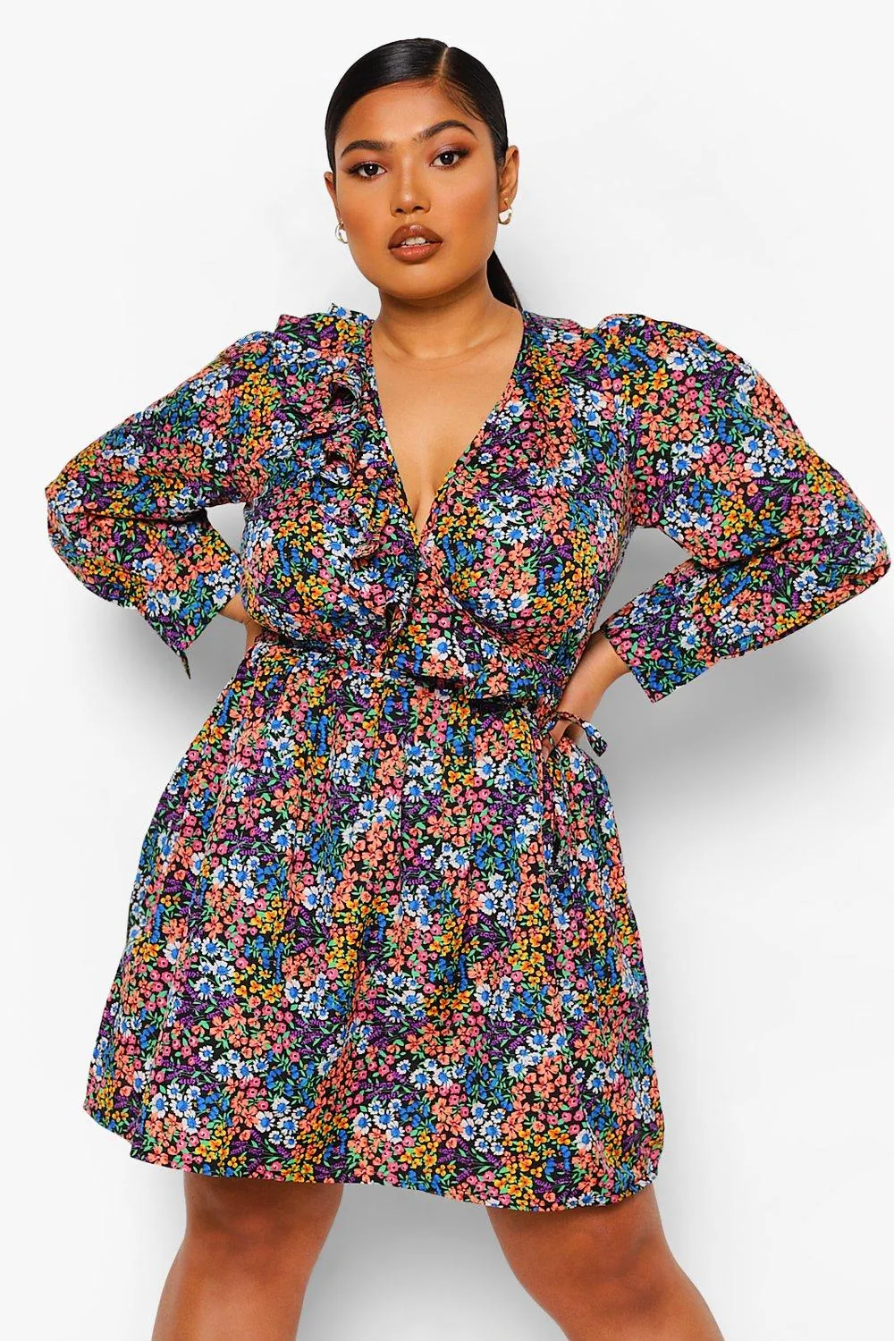 Plus Floral Print Ruffle Tie Wrap Dress