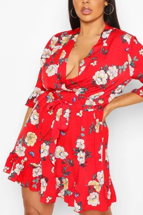 Plus Floral Printed Ruffle Wrap Dress