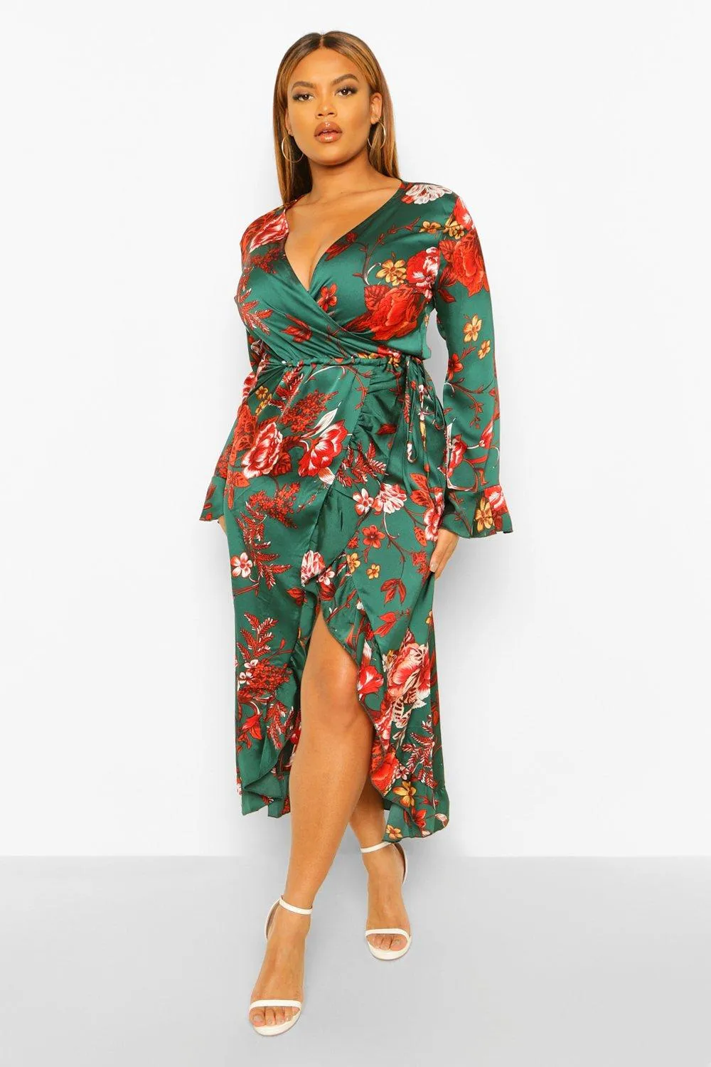 Plus Floral Ruffle Wrap Dress