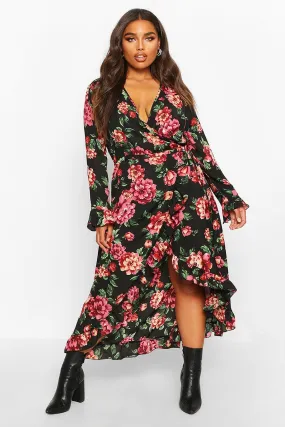 Plus Floral Ruffle Wrap Midi Dress