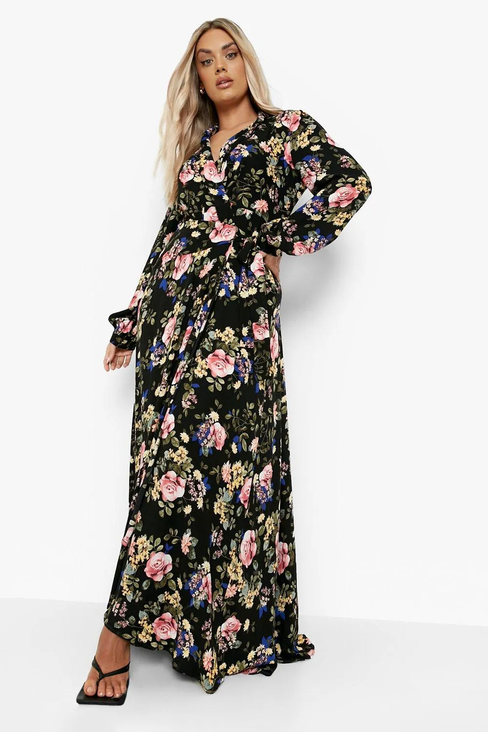 Plus Floral Wrap Belted Maxi Dress