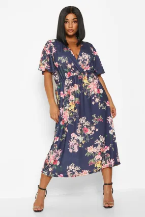 Plus Floral Wrap Flutter Sleeve Midi Dress