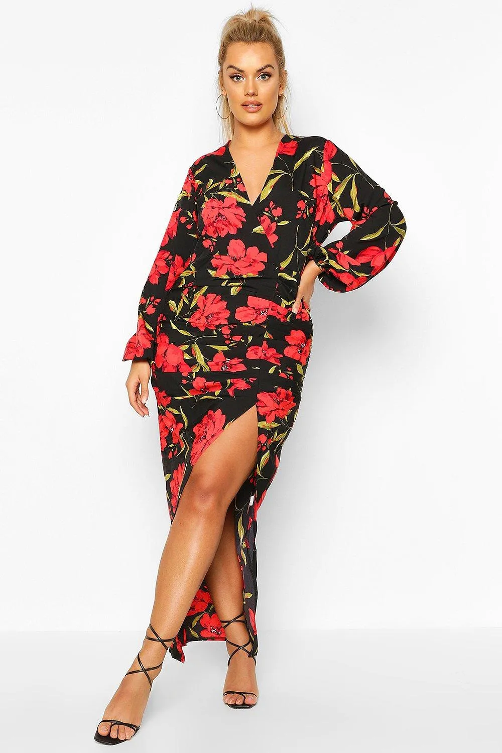 Plus Floral Wrap Ruched Front Midi Dress