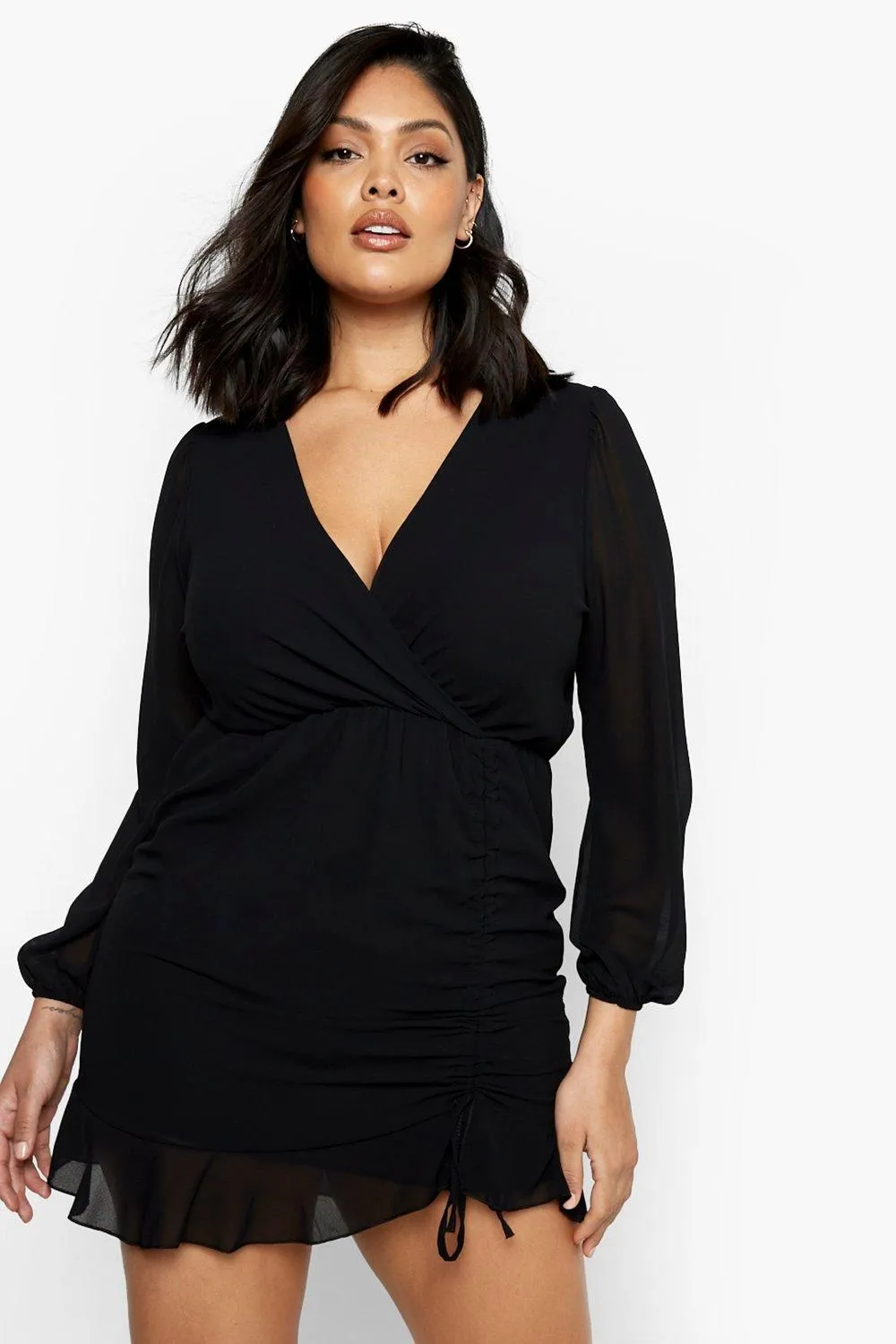 Plus Georgette Ruffle Ruched Wrap Dress