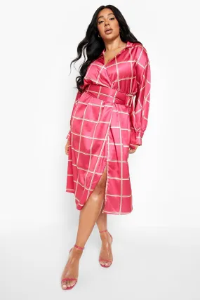 Plus Grid Check Belted Satin Wrap Midi Dress