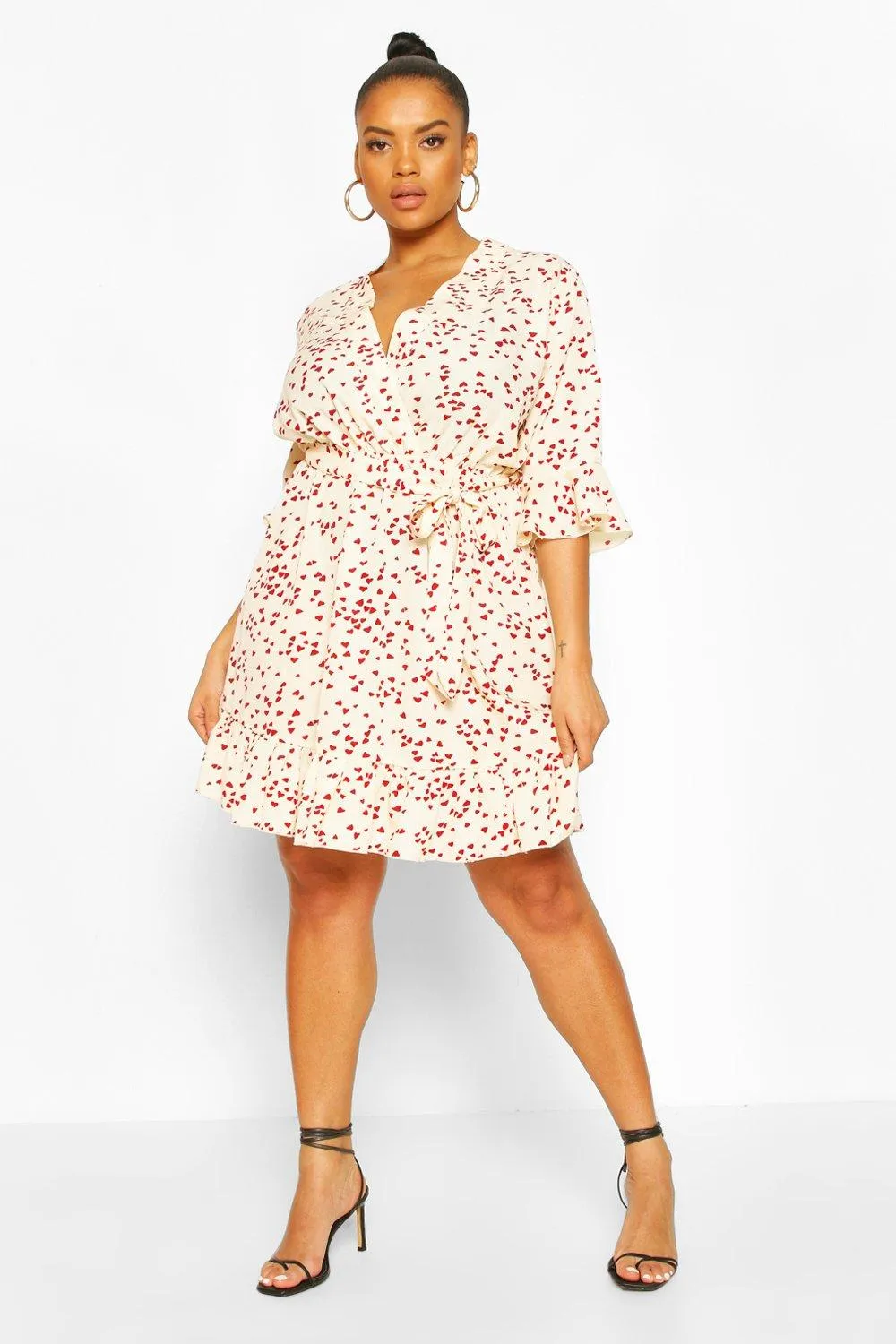 Plus Heart Printed Wrap Skater Dress