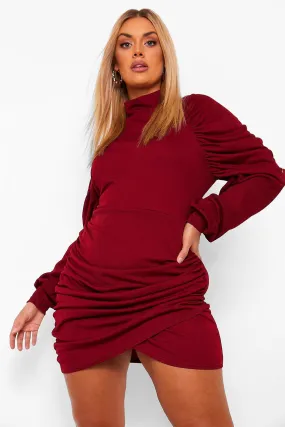 Plus High Neck Ruched Wrap Dress