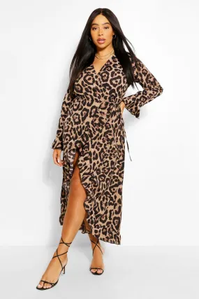 Plus Leopard Ruffle Wrap Midi Dress