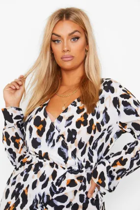 Plus Leopard Satin Ruffle Wrap Dress