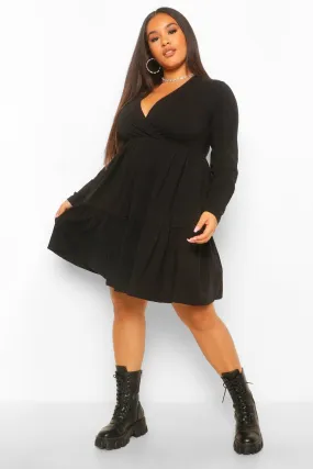 Plus Long Sleeve Wrap Smock Dress