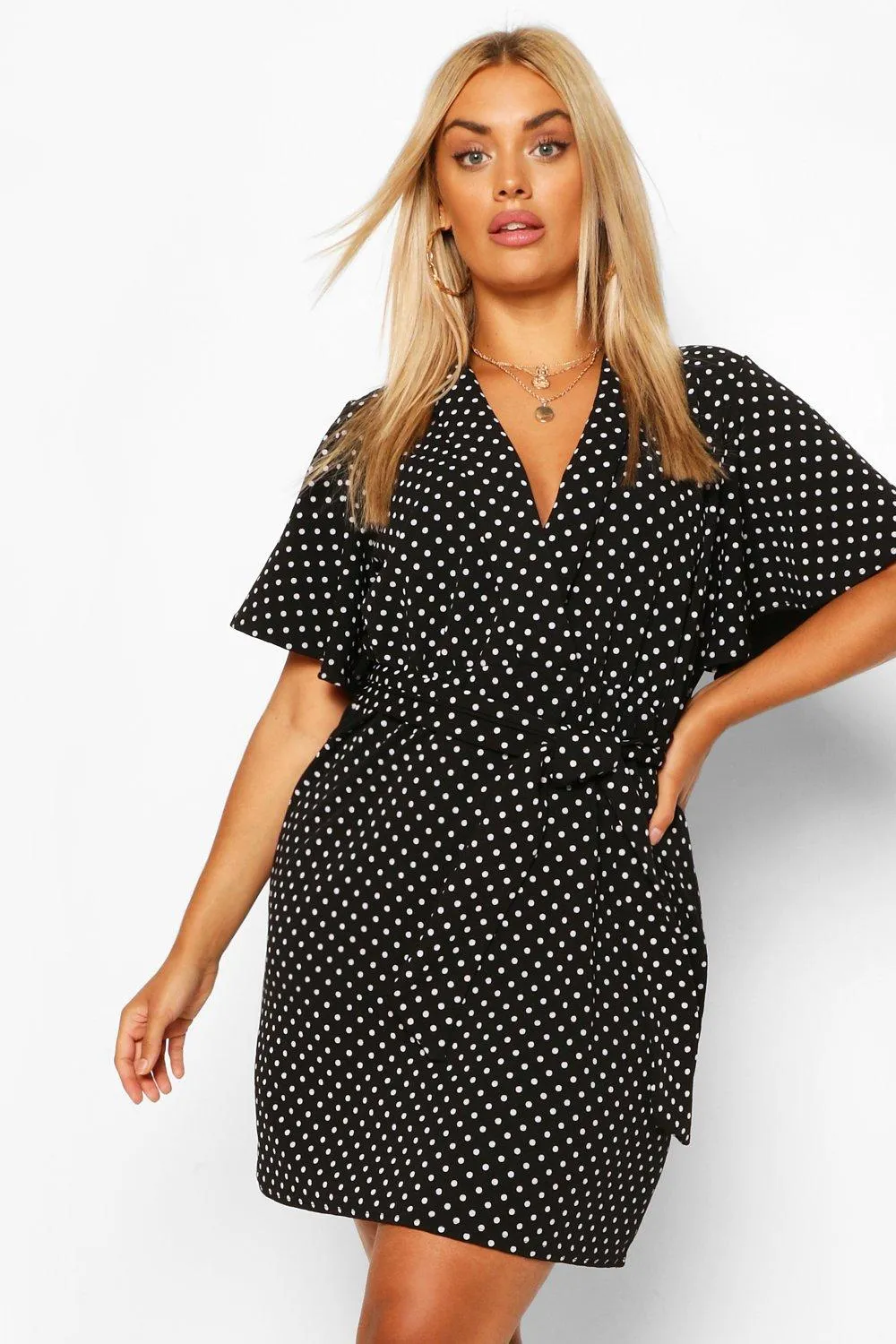 Plus Polka Dot Self Belted Wrap Dress