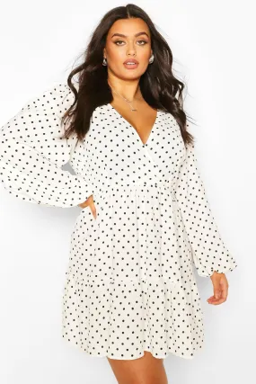 Plus Polka Dot Wrap Balloon Smock Dress