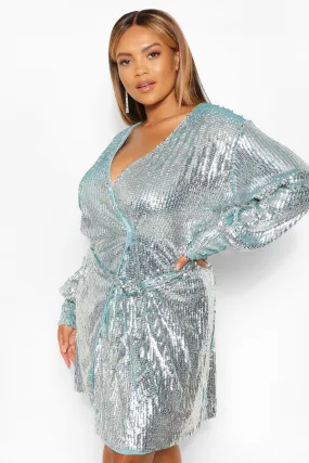 Plus Premium Sequin Wrap Balloon Sleeve Dress