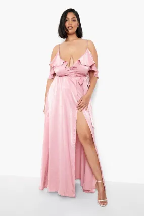 Plus Satin Cold Shoulder Wrap Maxi Dress