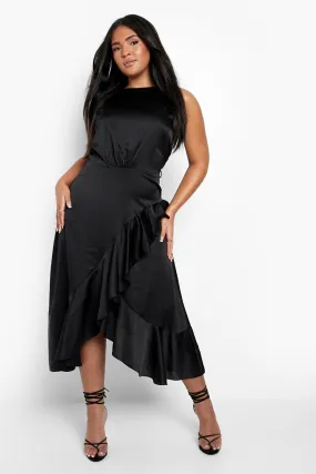 Plus Satin Frill Wrap Midi Dress