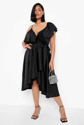 Plus Satin Ruffle Wrap Detail Skater Dress