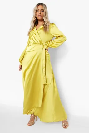 Plus Satin Wrap Belted Maxi Dress