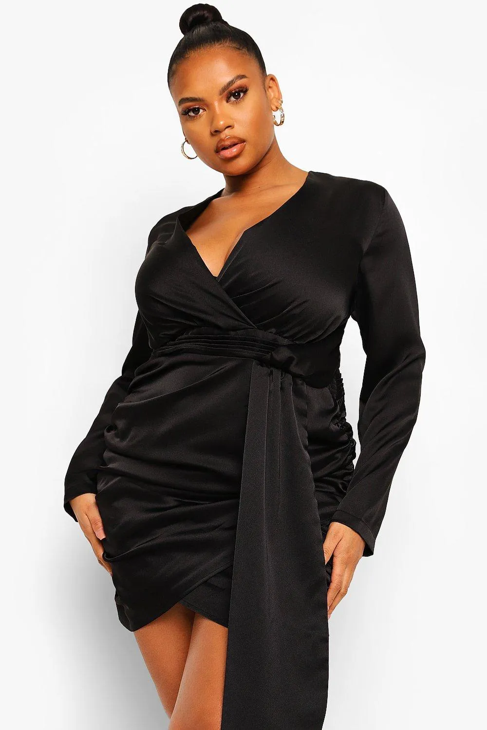 Plus Satin Wrap Ruched Bodycon Dress