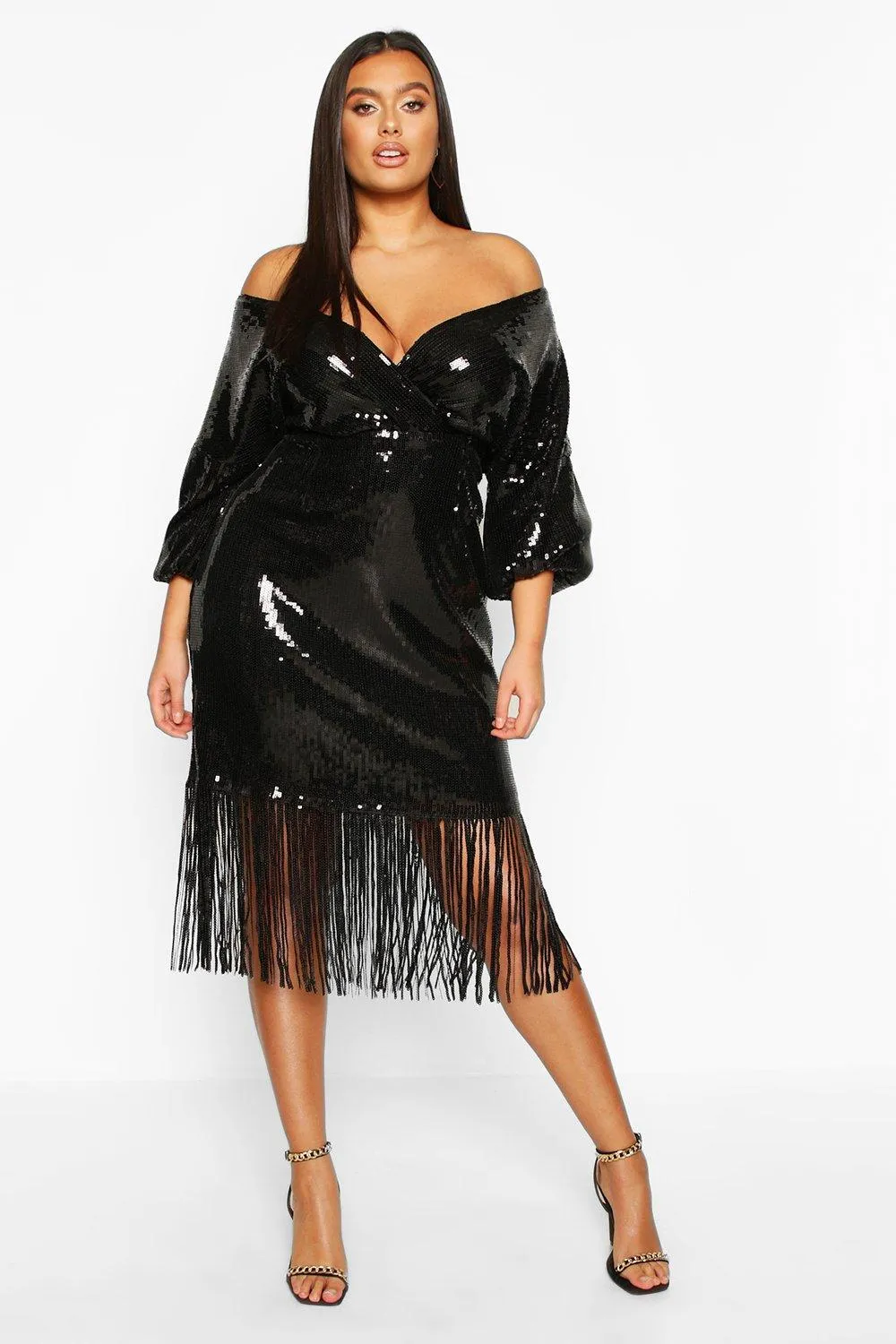 Plus Sequin Off The Shoulder Wrap Midi Dress