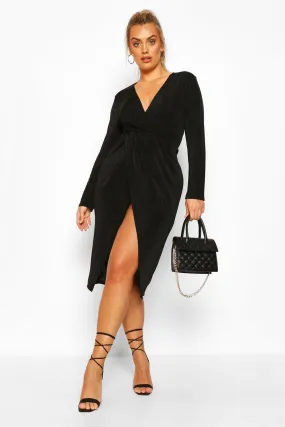 Plus Textured Slinky Twist Detail Wrap Midi Dress