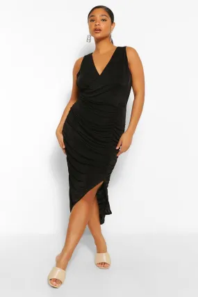 Plus Textured Slinky Wrap Midi Dress