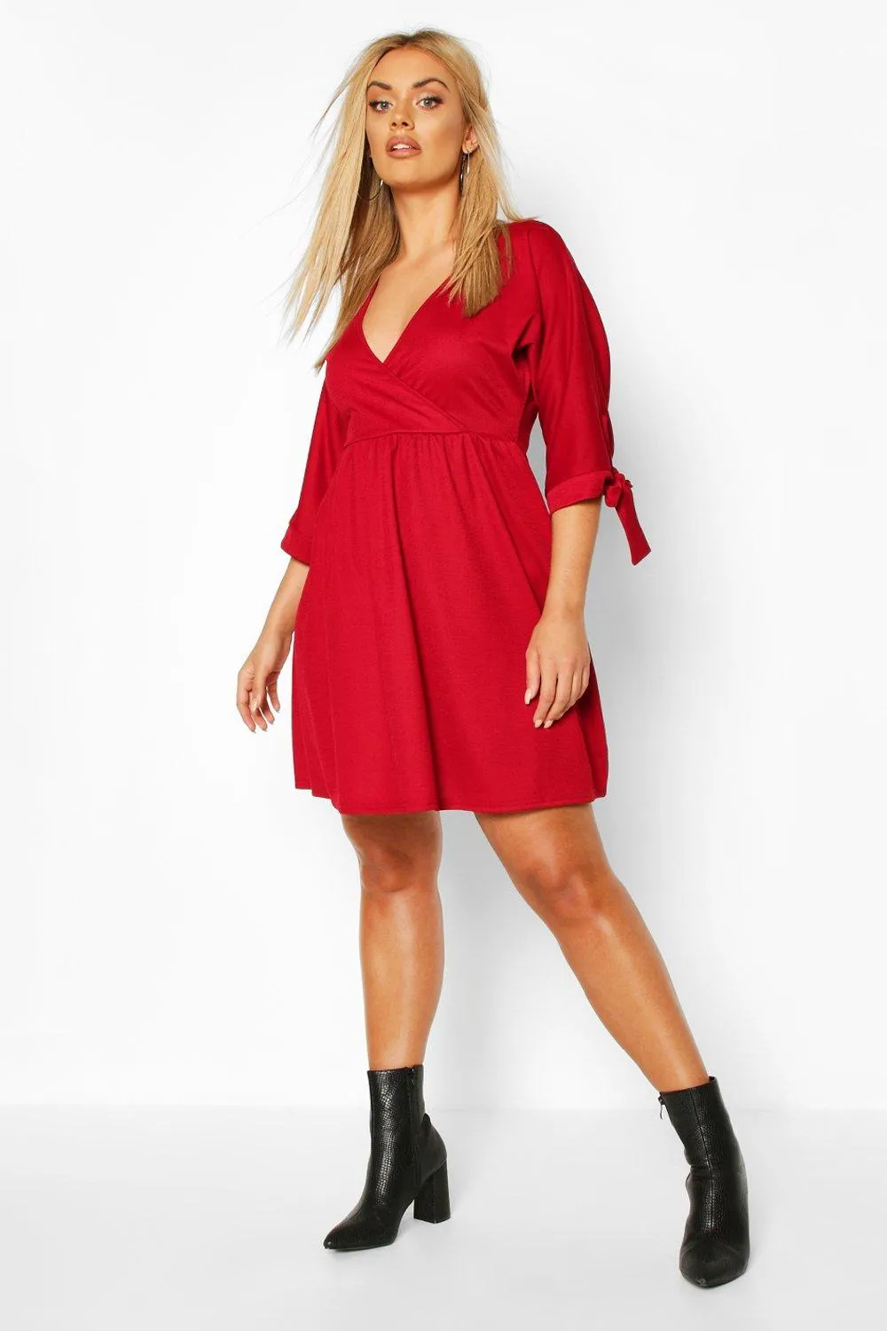 Plus Tie Sleeve Wrap Smock Dress