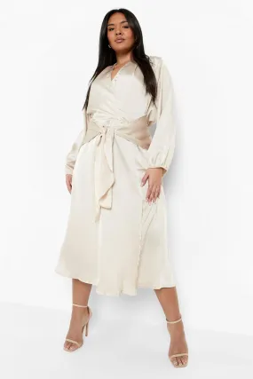 Plus Wrap Plunge Satin Midi Dress