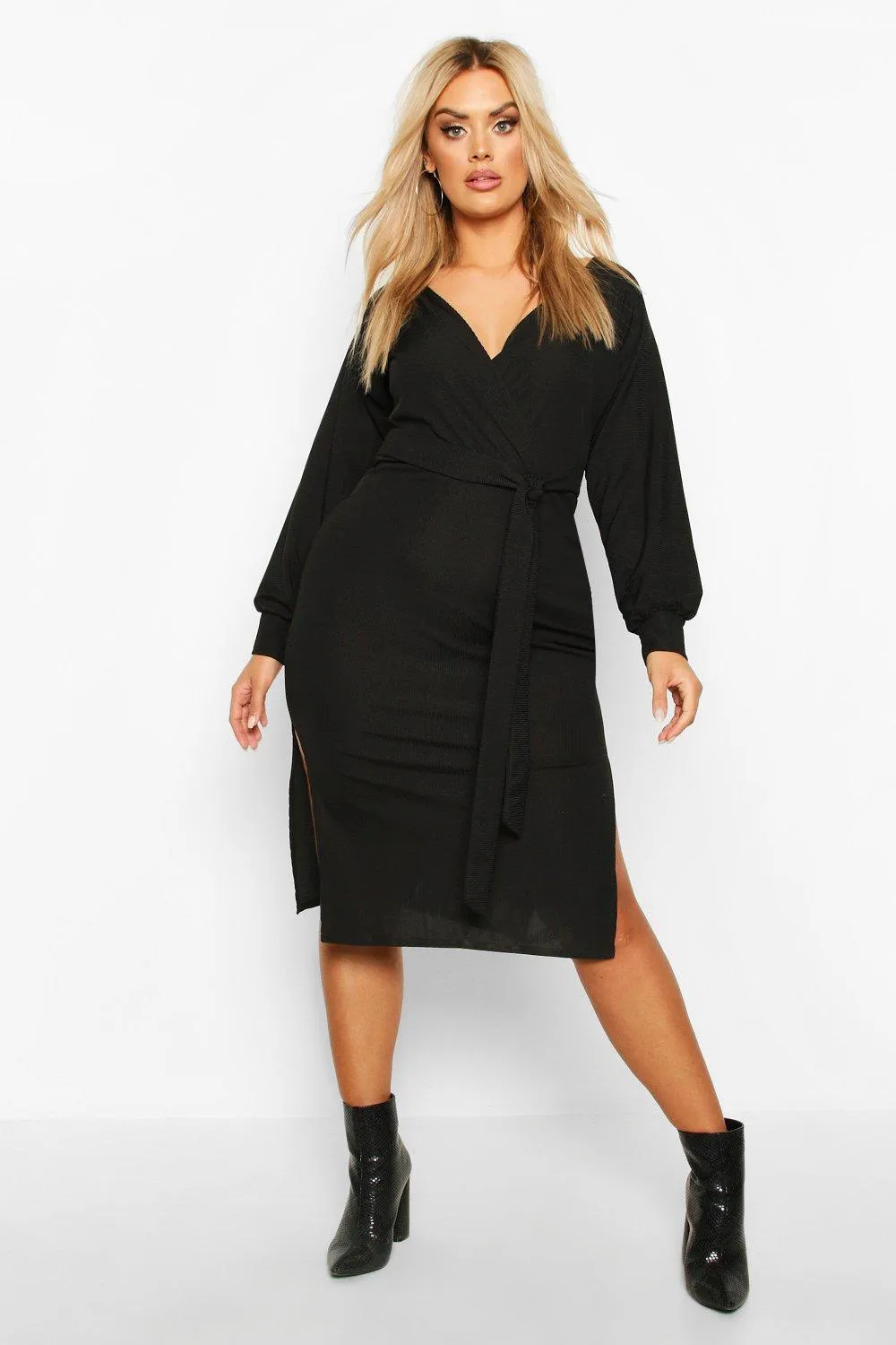 Plus Wrap Rib Self Belted Midi Dress