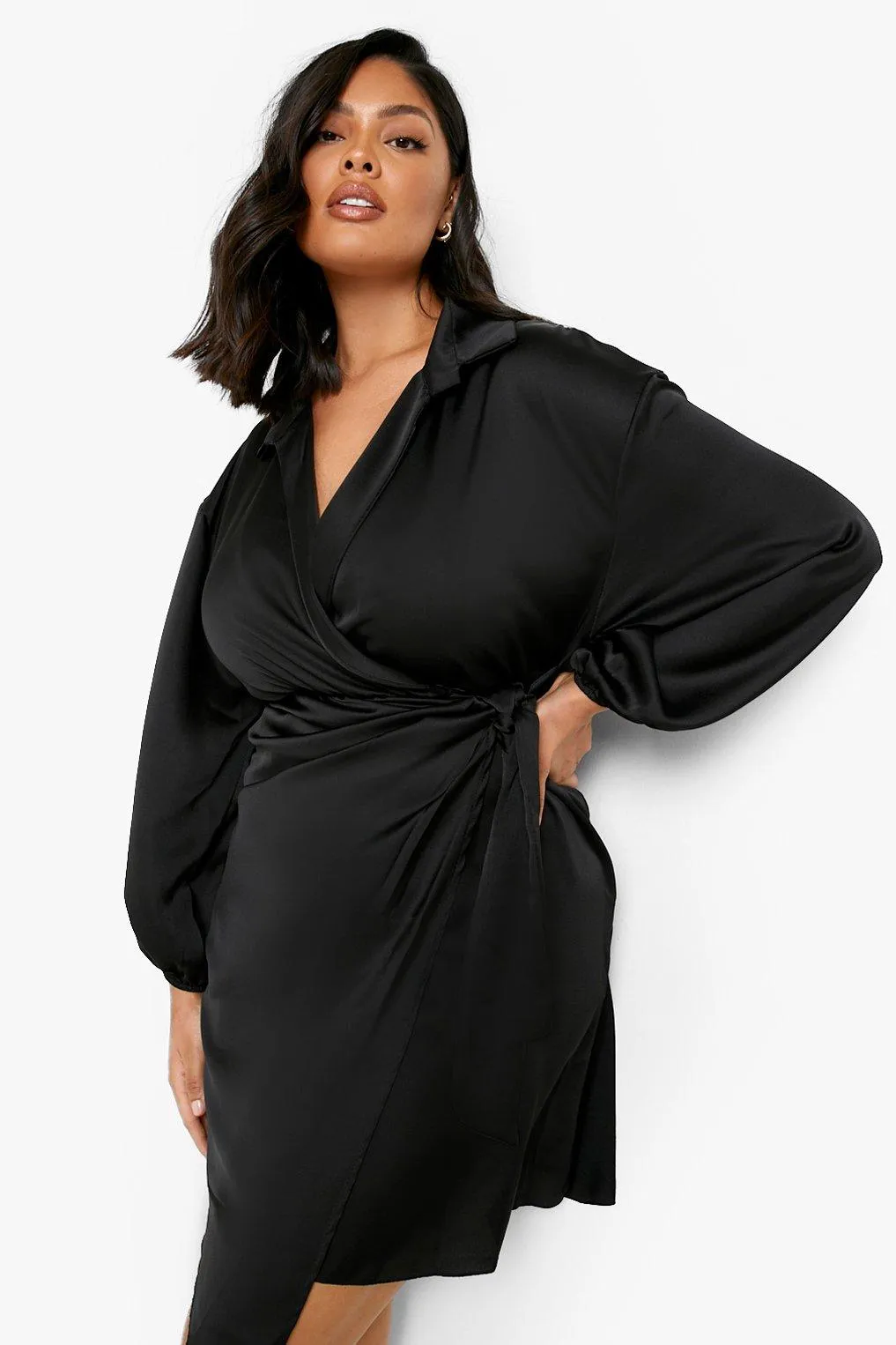 Plus Wrap Tie Satin Shirt Dress