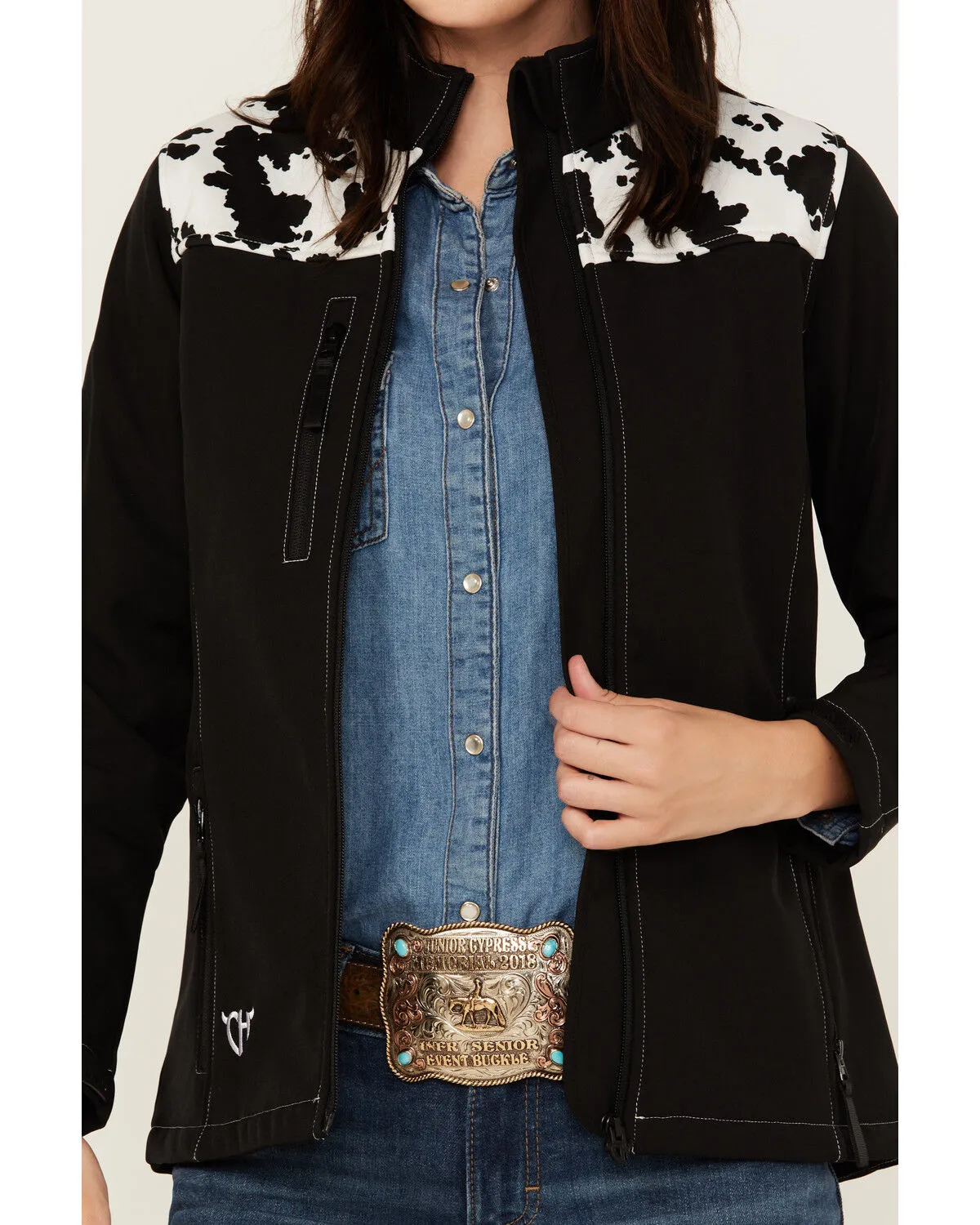 Product Name:  Cowgirl Hardware Women's Cow Print Yoke Softshell Jacket