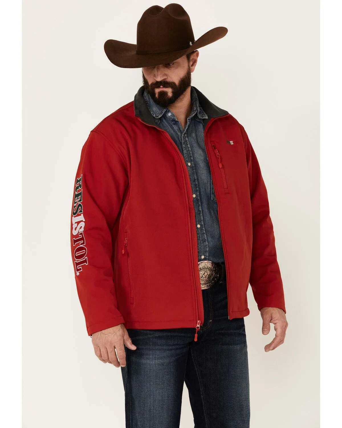 Product Name:  Resistol Men's Red Mexico Logo Sleeve Zip-Front Softshell Jacket