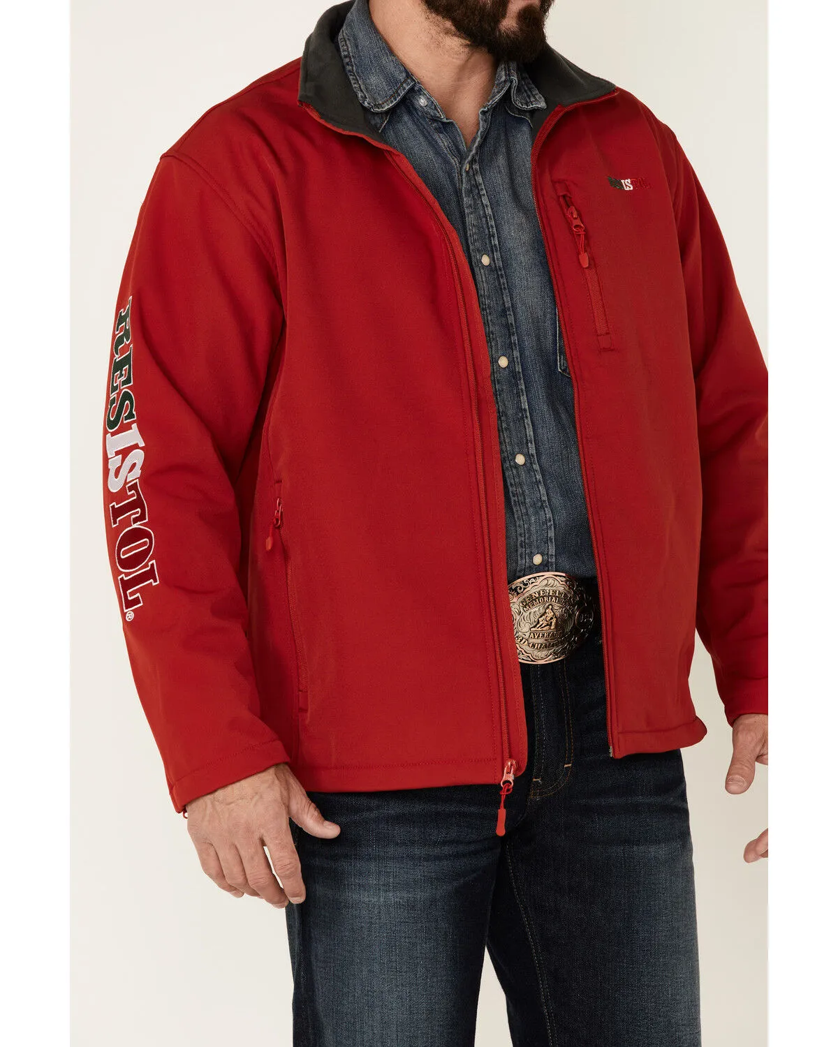 Product Name:  Resistol Men's Red Mexico Logo Sleeve Zip-Front Softshell Jacket