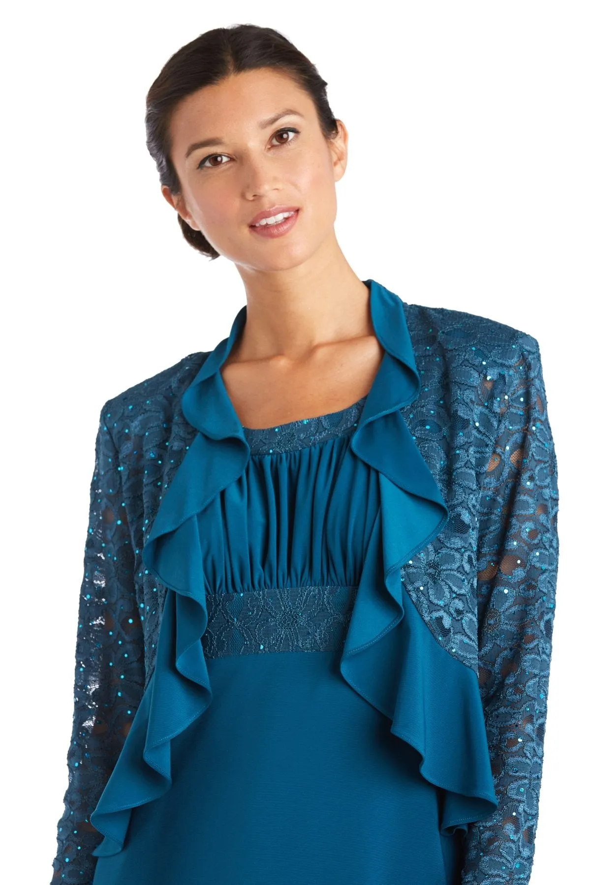 RM Richards Women's Sequin Lace Ruffle Front Jacket Dress Missy & Petite