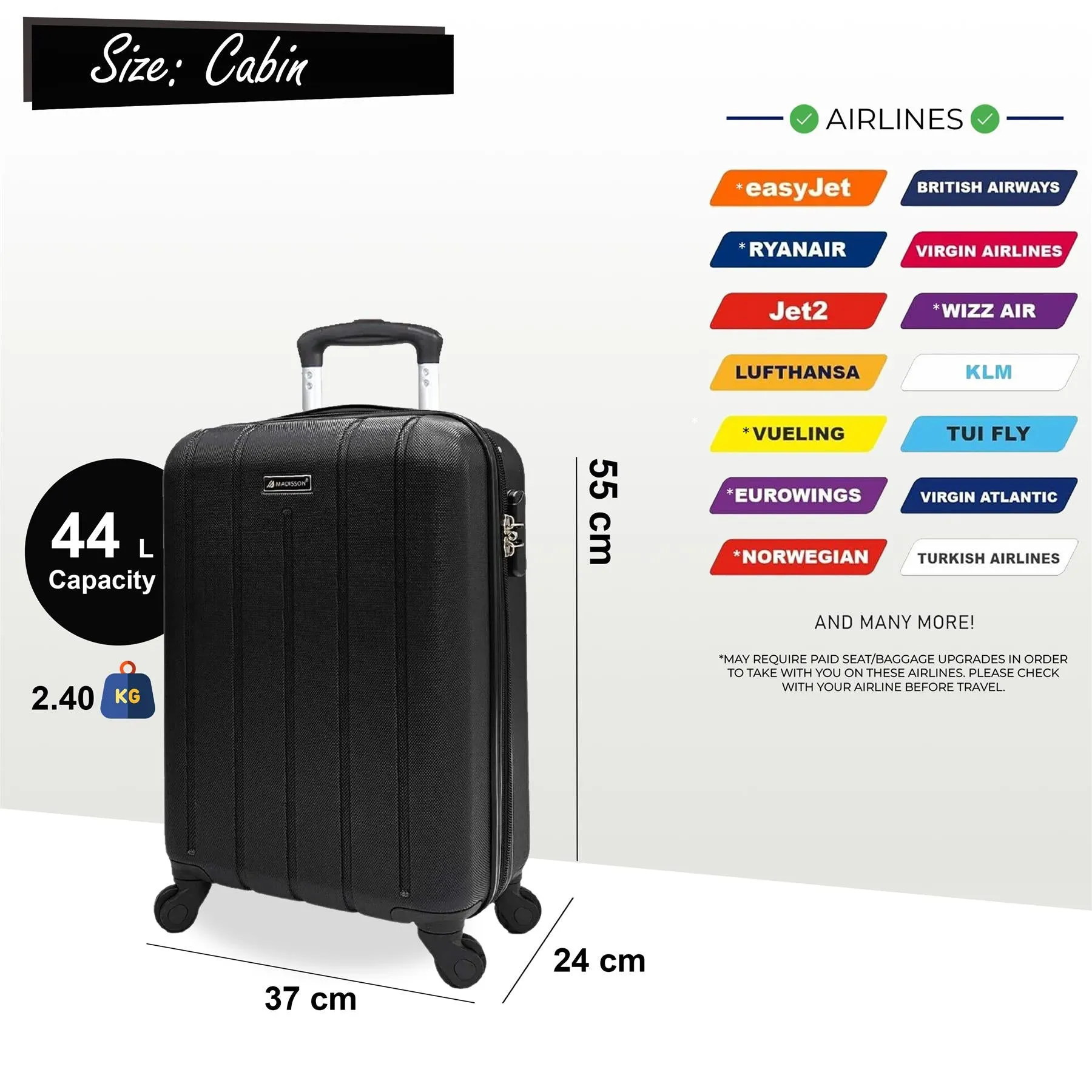 Robust Hard Shell Cabin 55 x 37 x 24 cm Suitcase Suitable for Easyjet, Ryanair