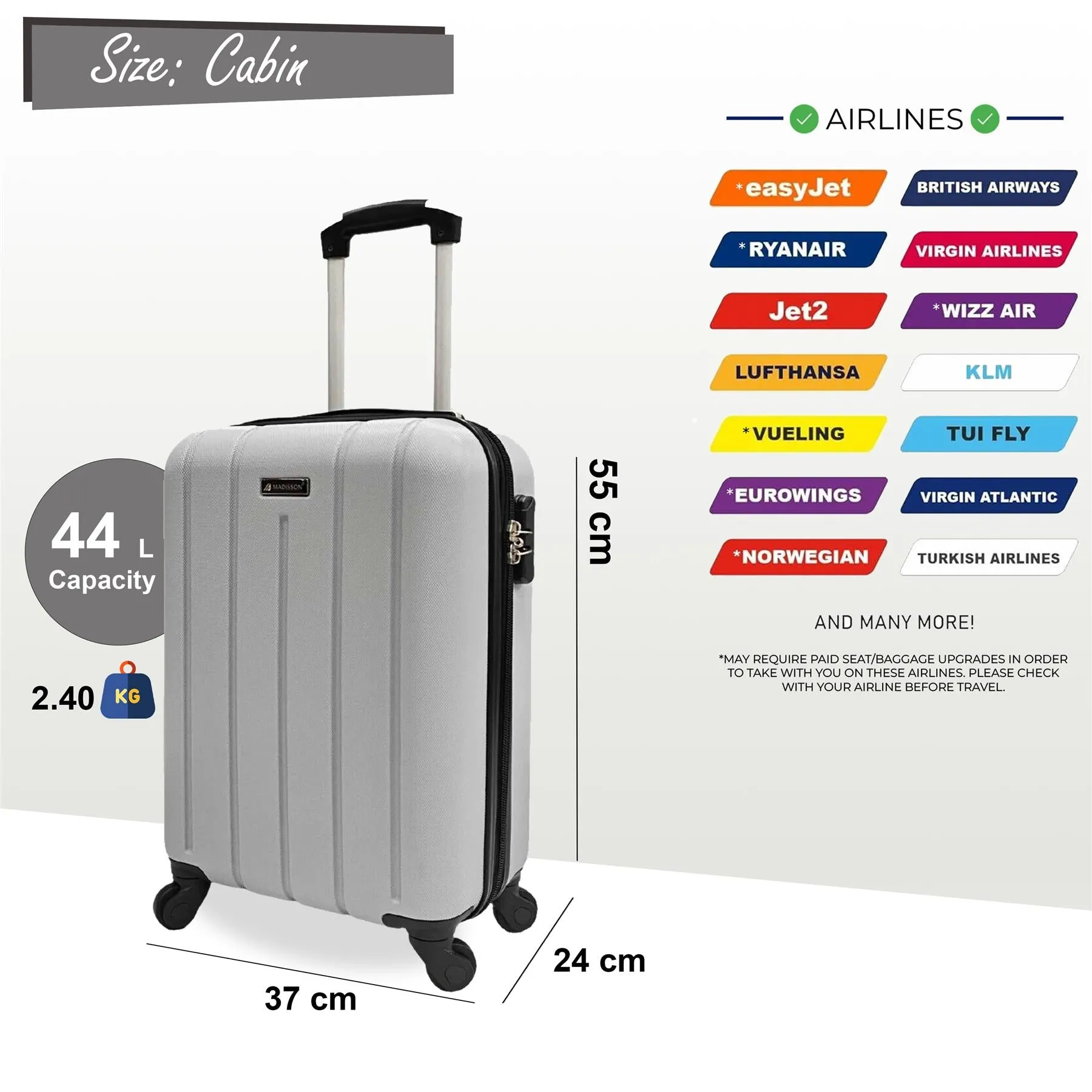 Robust Hard Shell Cabin 55 x 37 x 24 cm Suitcase Suitable for Easyjet, Ryanair