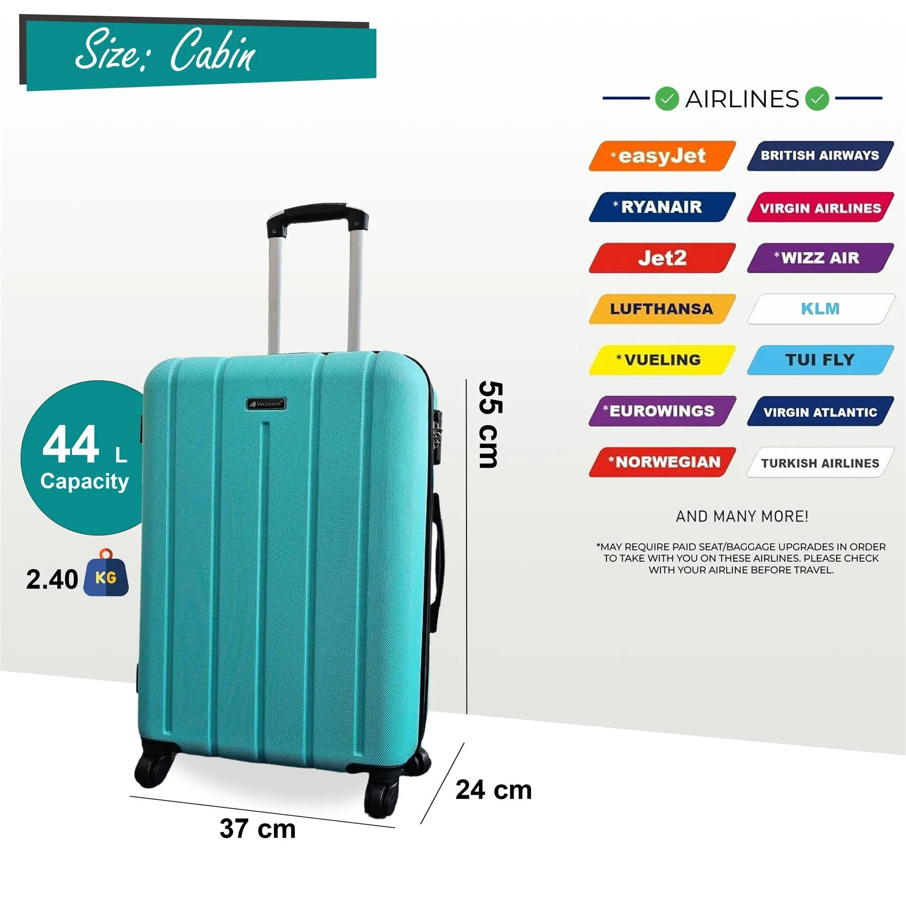 Robust Hard Shell Cabin 55 x 37 x 24 cm Suitcase Suitable for Easyjet, Ryanair