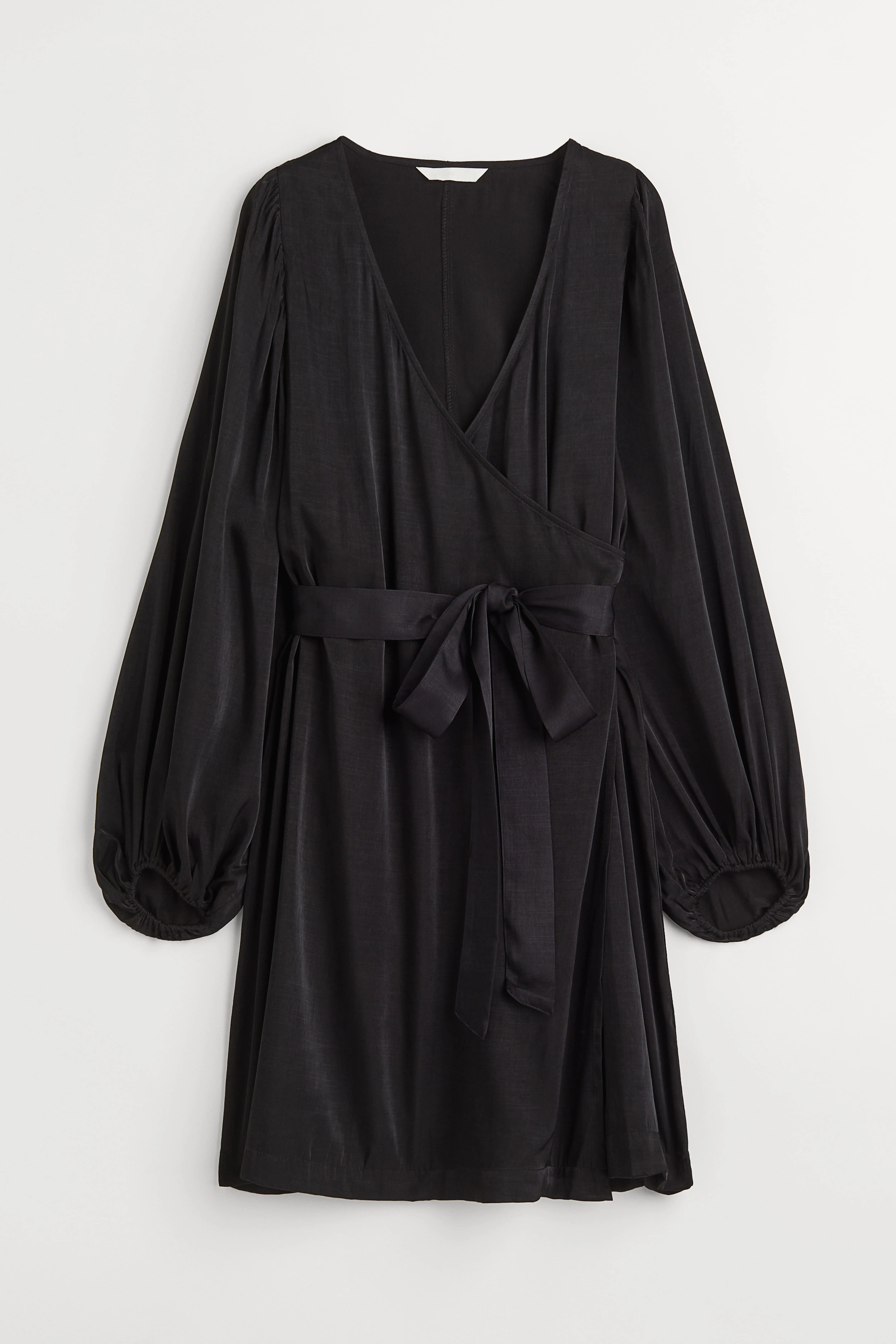 Satin wrap dress - Deep neckline - Long sleeve - Black - Ladies | H&M GB