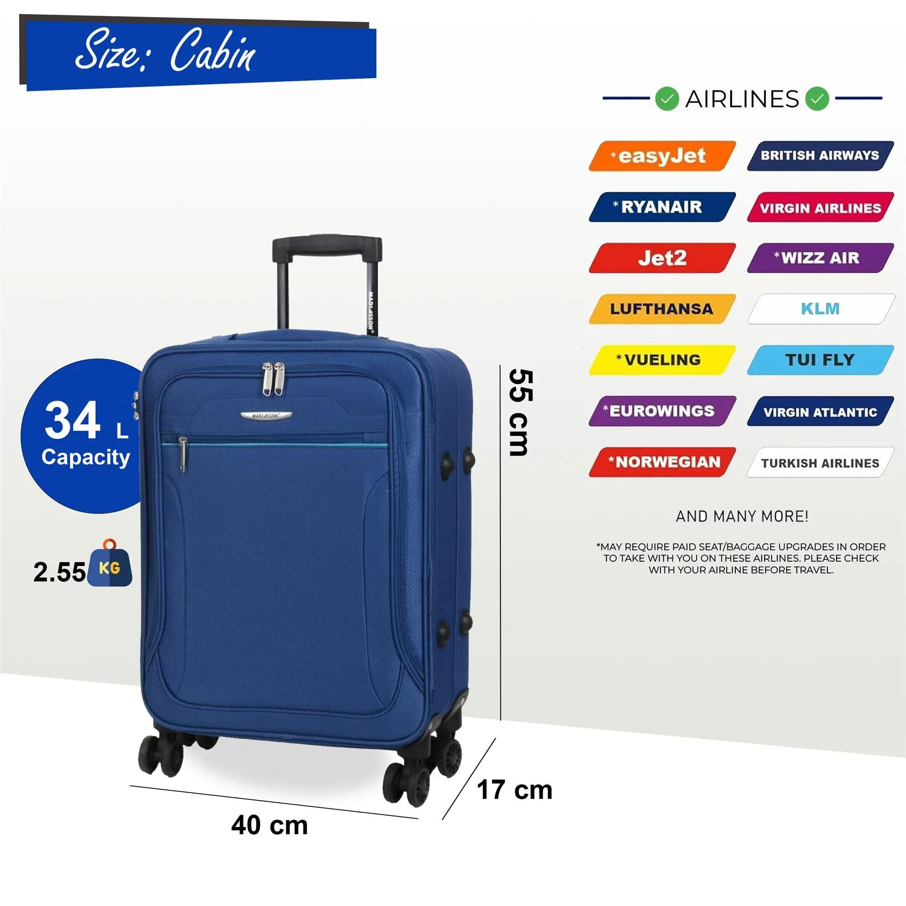 Soft Cabin Suitcase 55 x 40 x 17 cm Suitable for Easyjet, Ryanair